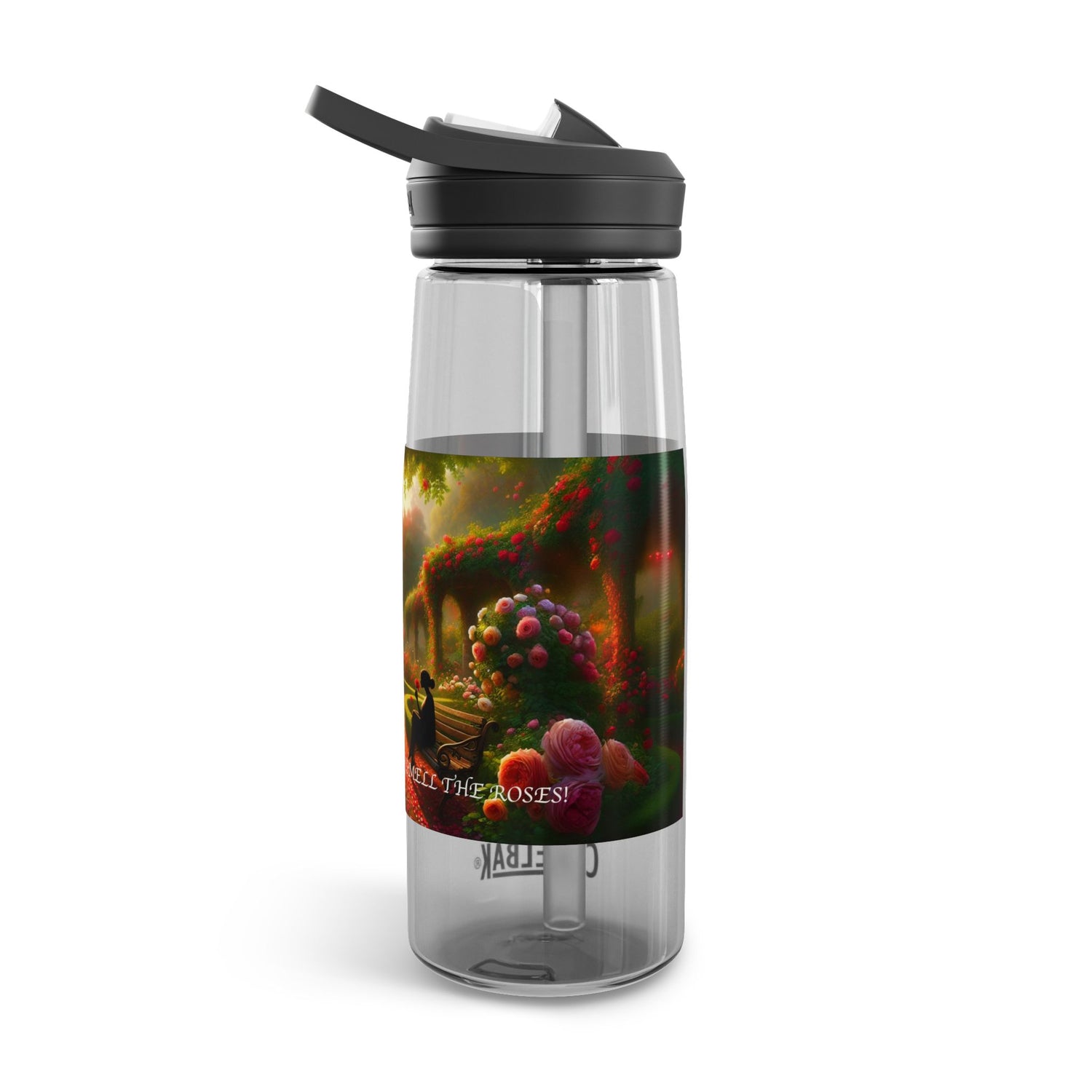 Stop and Smell the Roses 25oz Clear Water Bottle, Road Trip Water Retainer