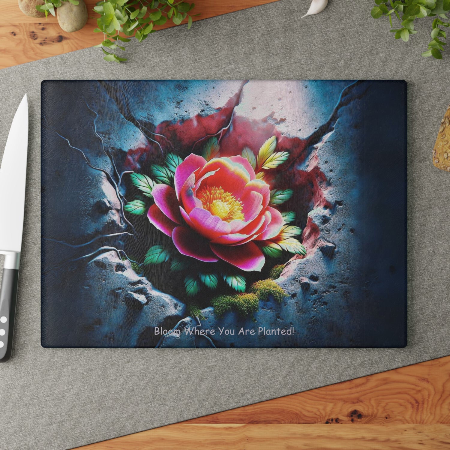 Bloom Where You Are Planted Glass Cutting Board