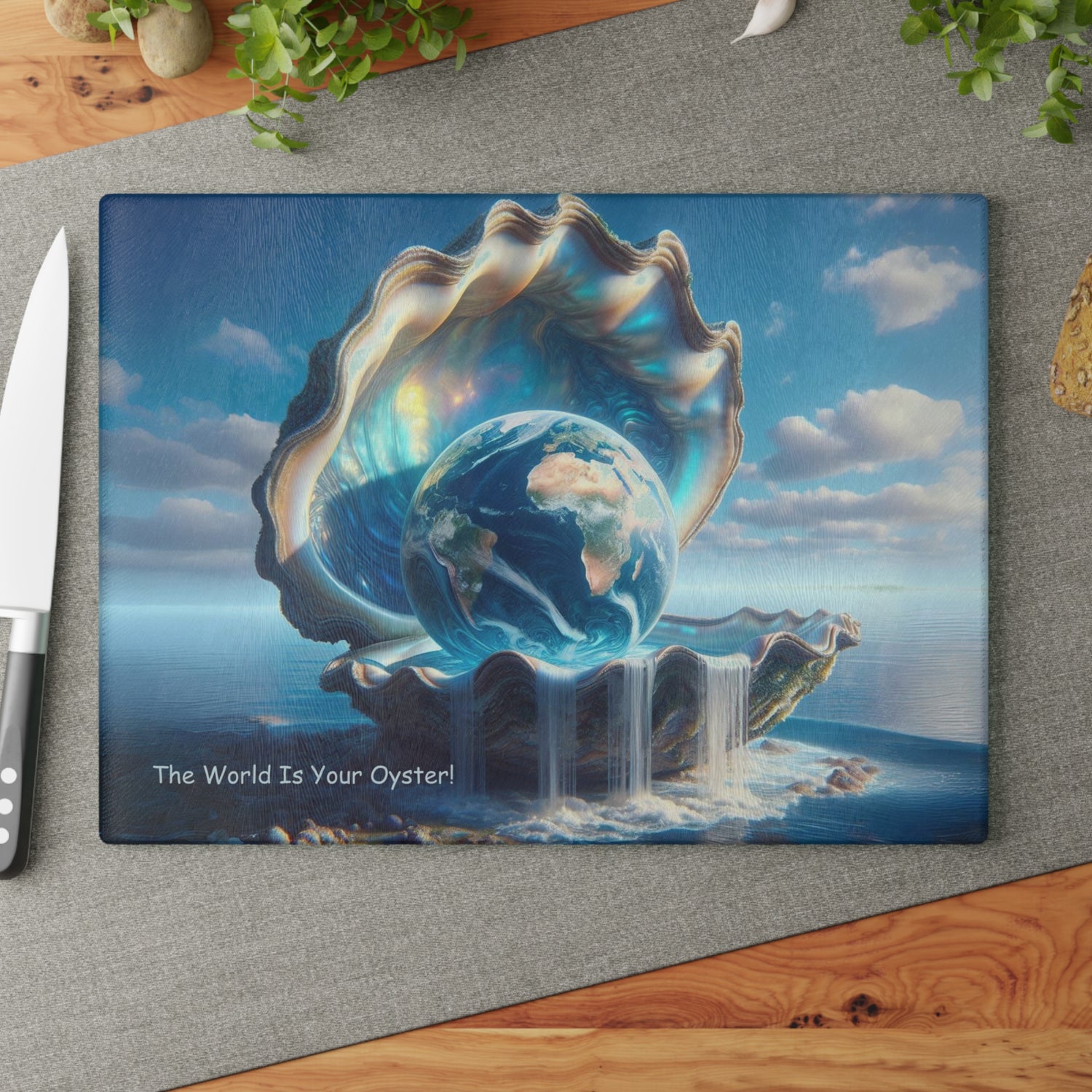 The World Is Your Oyster Glass Cutting Board