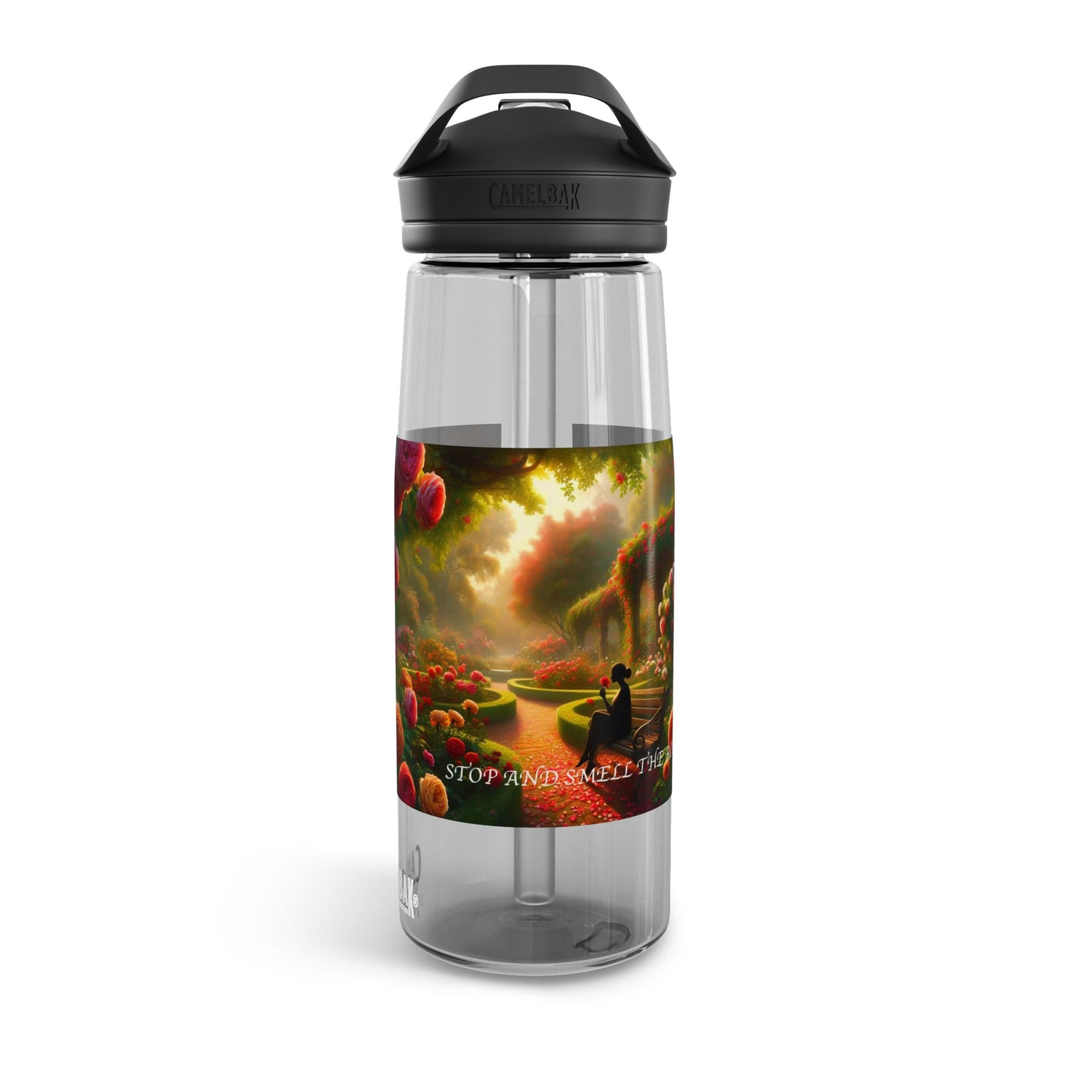 Stop and Smell the Roses 25oz Clear Water Bottle, Road Trip Water Retainer