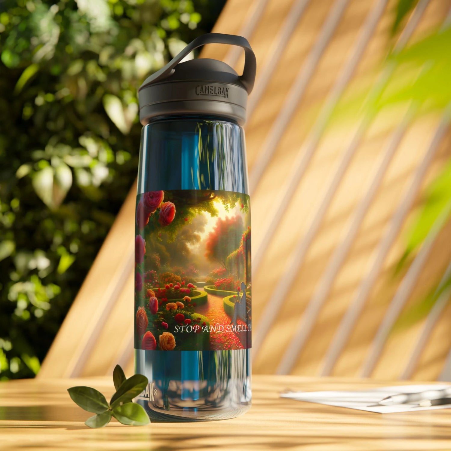 Stop and Smell the Roses 25oz Clear Water Bottle, Road Trip Water Retainer